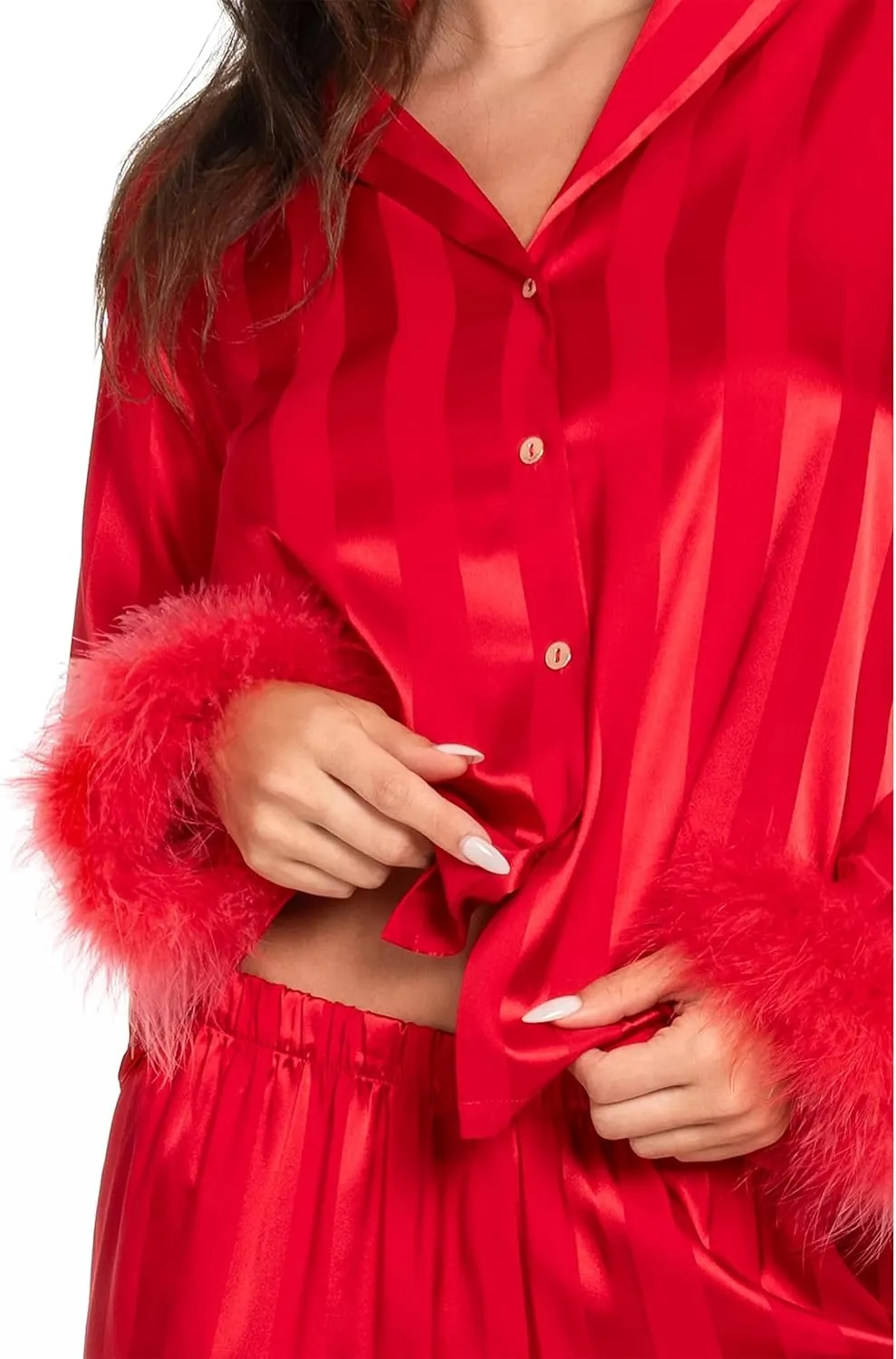Women Feather Pajamas Silk Satin Lounge Sets Long Sleeve Button Down Shirts and Pants 2 Piece Pj Set