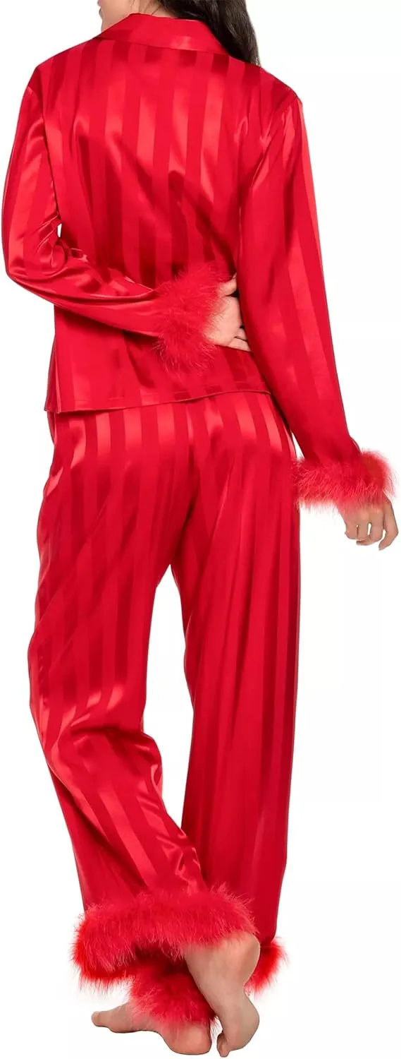 Women Feather Pajamas Silk Satin Lounge Sets Long Sleeve Button Down Shirts and Pants 2 Piece Pj Set