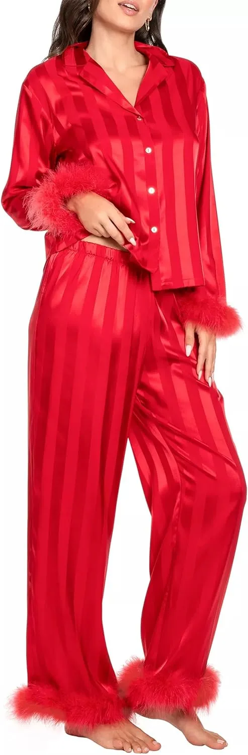 Women Feather Pajamas Silk Satin Lounge Sets Long Sleeve Button Down Shirts and Pants 2 Piece Pj Set