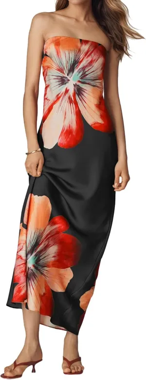 Women Floral Maxi Dresses Strapless Bodycon Tube Long Dress Sexy Sleeveless Retro Summer Cocktail Wedding Guest Dress