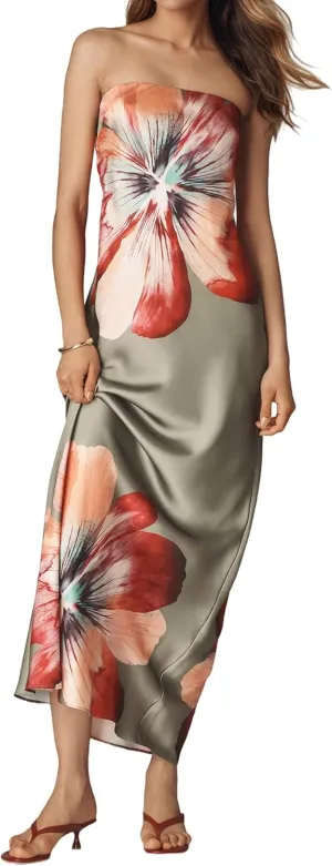 Women Floral Maxi Dresses Strapless Bodycon Tube Long Dress Sexy Sleeveless Retro Summer Cocktail Wedding Guest Dress