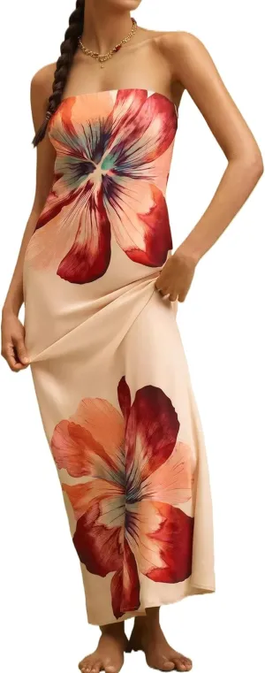 Women Floral Maxi Dresses Strapless Bodycon Tube Long Dress Sexy Sleeveless Retro Summer Cocktail Wedding Guest Dress