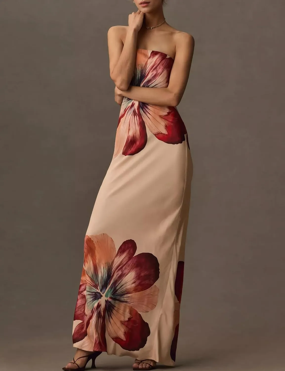 Women Floral Maxi Dresses Strapless Bodycon Tube Long Dress Sexy Sleeveless Retro Summer Cocktail Wedding Guest Dress