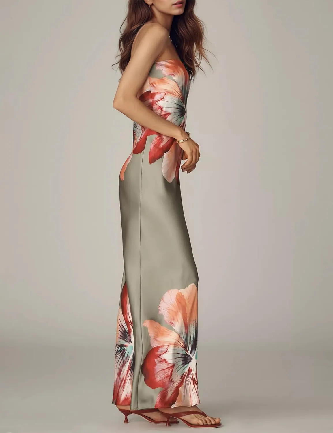 Women Floral Maxi Dresses Strapless Bodycon Tube Long Dress Sexy Sleeveless Retro Summer Cocktail Wedding Guest Dress