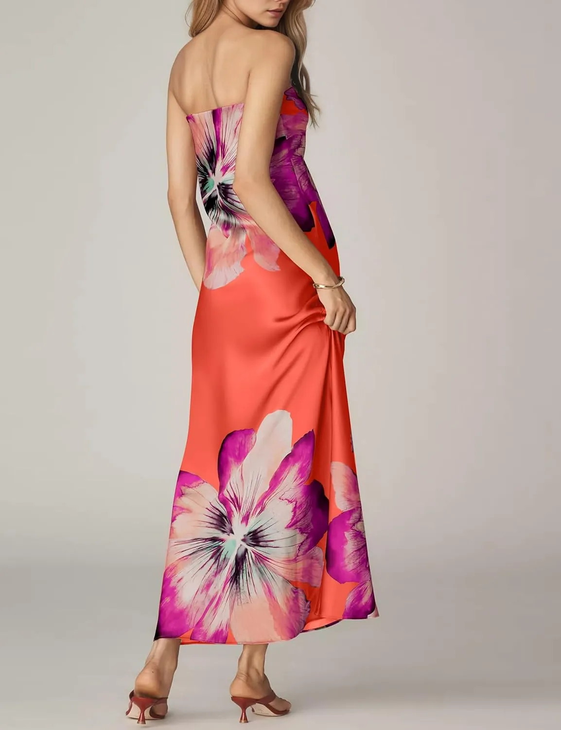 Women Floral Maxi Dresses Strapless Bodycon Tube Long Dress Sexy Sleeveless Retro Summer Cocktail Wedding Guest Dress