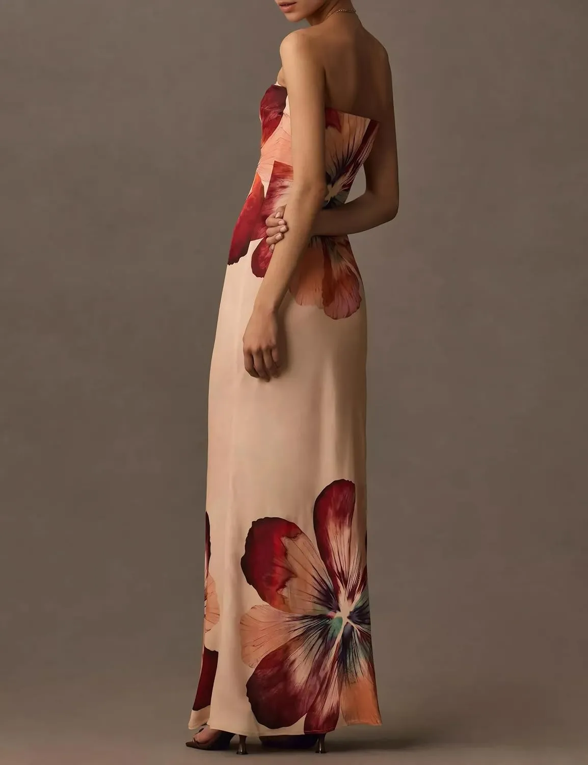Women Floral Maxi Dresses Strapless Bodycon Tube Long Dress Sexy Sleeveless Retro Summer Cocktail Wedding Guest Dress