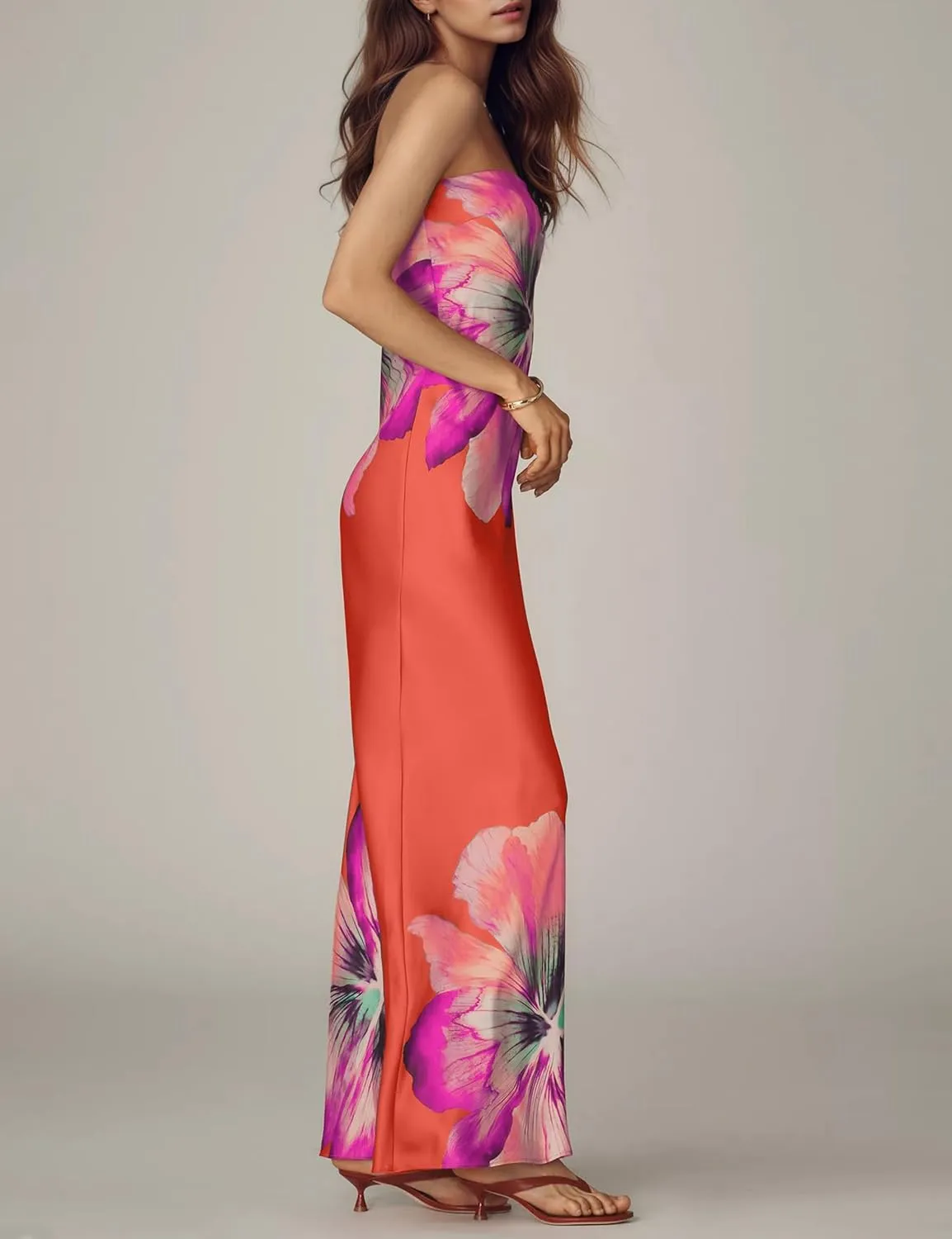 Women Floral Maxi Dresses Strapless Bodycon Tube Long Dress Sexy Sleeveless Retro Summer Cocktail Wedding Guest Dress