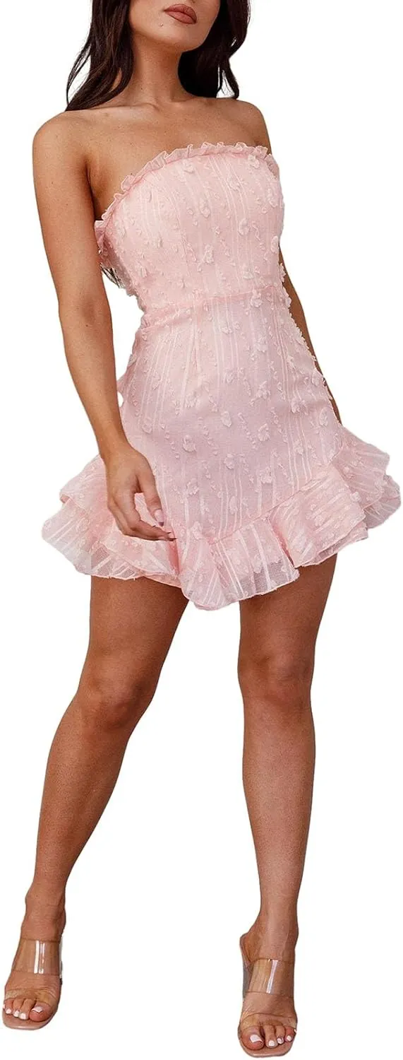 Women Floral Tube Mini Dress Fairy Strapless Off Shoulder Backless Ruffle Flowy Dress Sexy Bodycon A Line Dresses