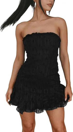Women Floral Tube Mini Dress Fairy Strapless Off Shoulder Backless Ruffle Flowy Dress Sexy Bodycon A Line Dresses