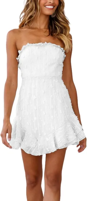 Women Floral Tube Mini Dress Fairy Strapless Off Shoulder Backless Ruffle Flowy Dress Sexy Bodycon A Line Dresses