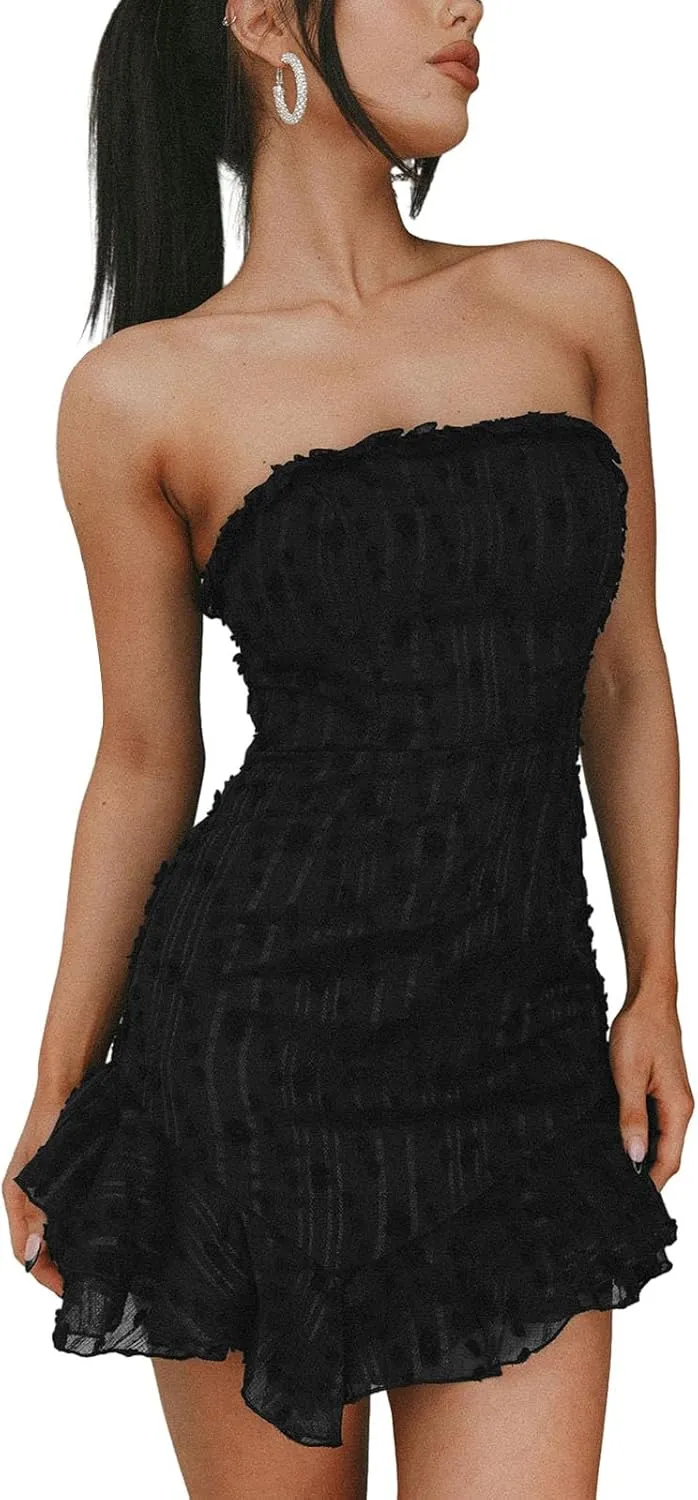 Women Floral Tube Mini Dress Fairy Strapless Off Shoulder Backless Ruffle Flowy Dress Sexy Bodycon A Line Dresses
