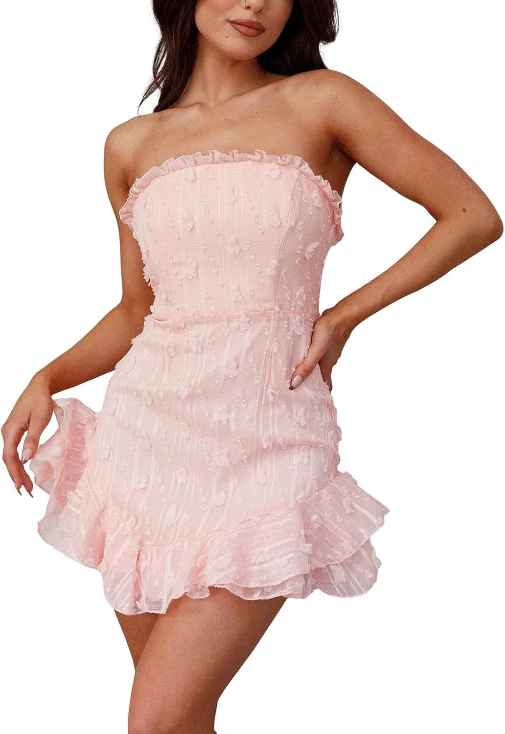 Women Floral Tube Mini Dress Fairy Strapless Off Shoulder Backless Ruffle Flowy Dress Sexy Bodycon A Line Dresses