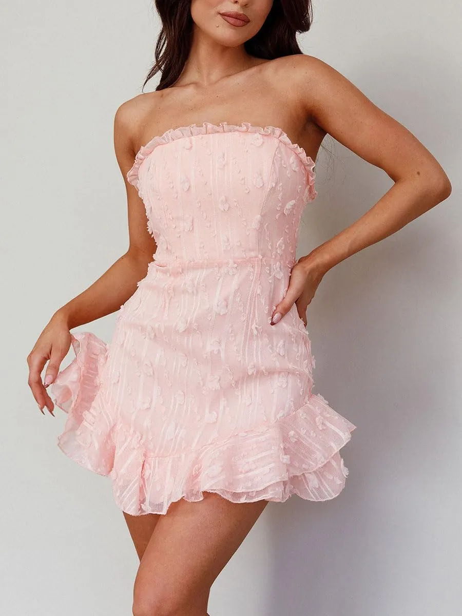 Women Floral Tube Mini Dress Fairy Strapless Off Shoulder Backless Ruffle Flowy Dress Sexy Bodycon A Line Dresses