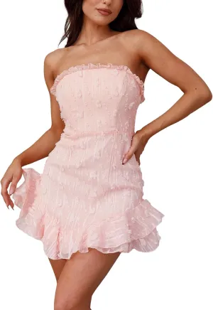 Women Floral Tube Mini Dress Fairy Strapless Off Shoulder Backless Ruffle Flowy Dress Sexy Bodycon A Line Dresses