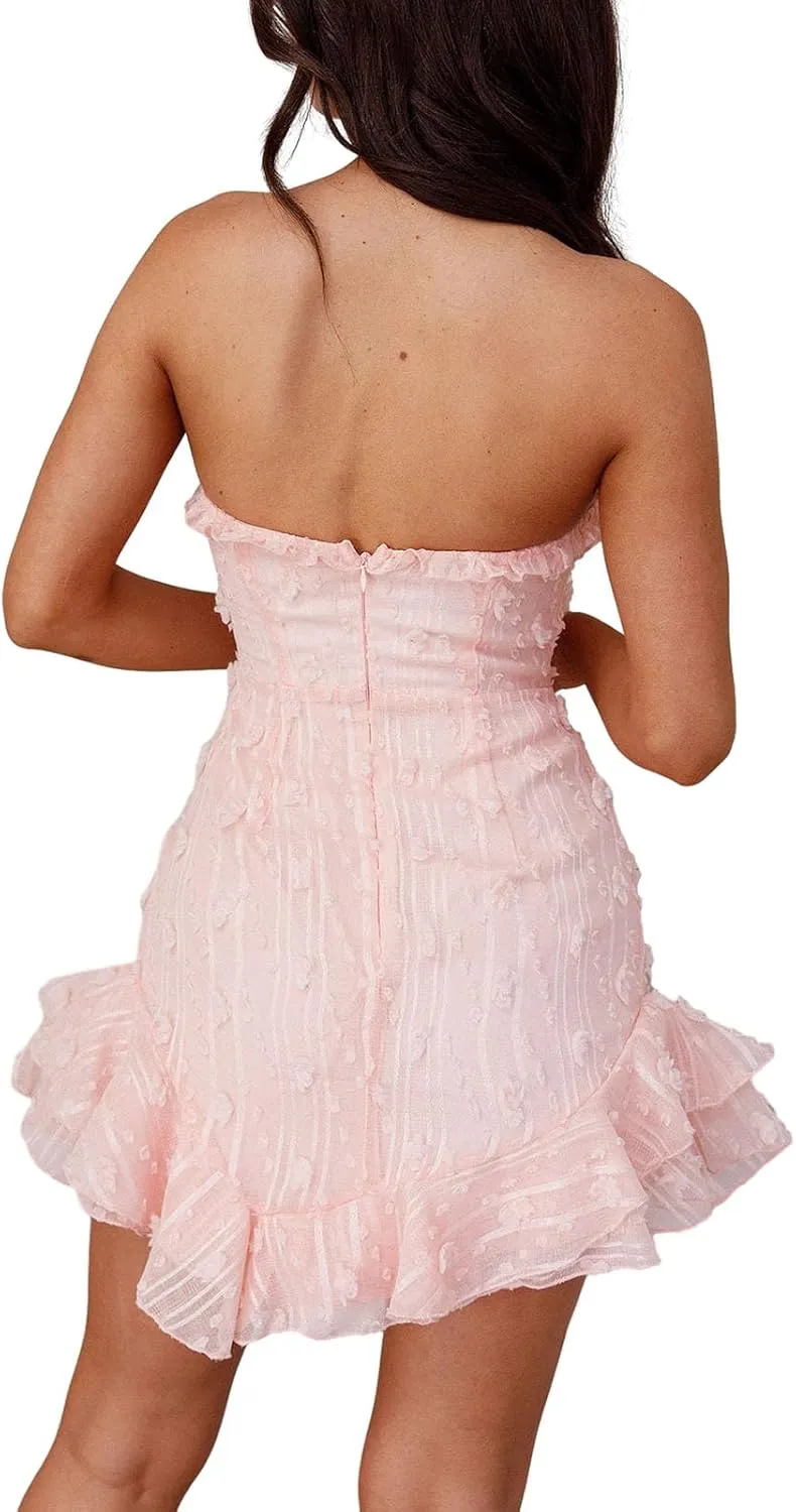 Women Floral Tube Mini Dress Fairy Strapless Off Shoulder Backless Ruffle Flowy Dress Sexy Bodycon A Line Dresses
