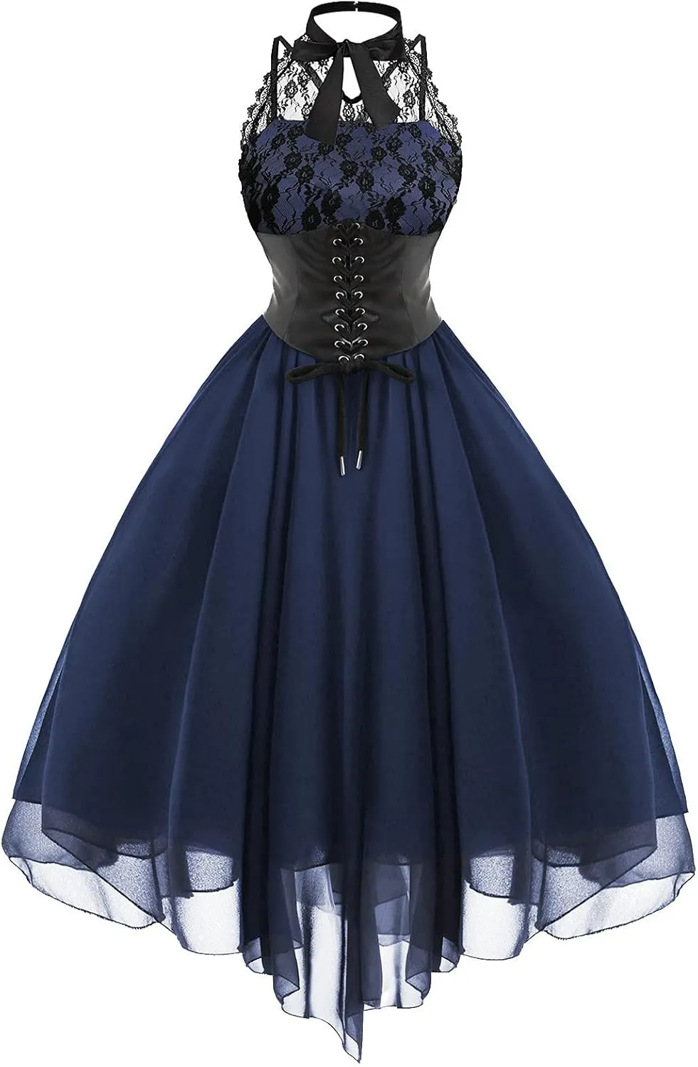 Women Gothic Sexy Dress Lace Panel Chiffon Dress Sexy Banquet Evening Dresses Goth Style Lace Halter Dress Swing Dress