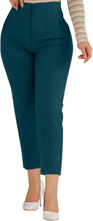 Women High Waist Cropped Work Pants Solid Zipper Trouser Pant Casual Baggy Elastic Waist Trouser Wide Leg Pant with