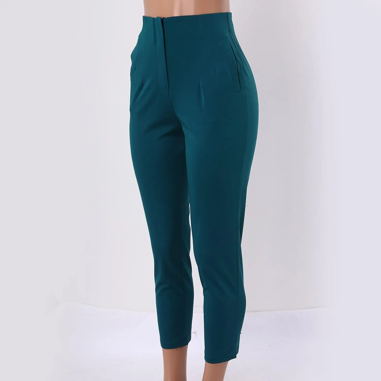 Women High Waist Cropped Work Pants Solid Zipper Trouser Pant Casual Baggy Elastic Waist Trouser Wide Leg Pant with
