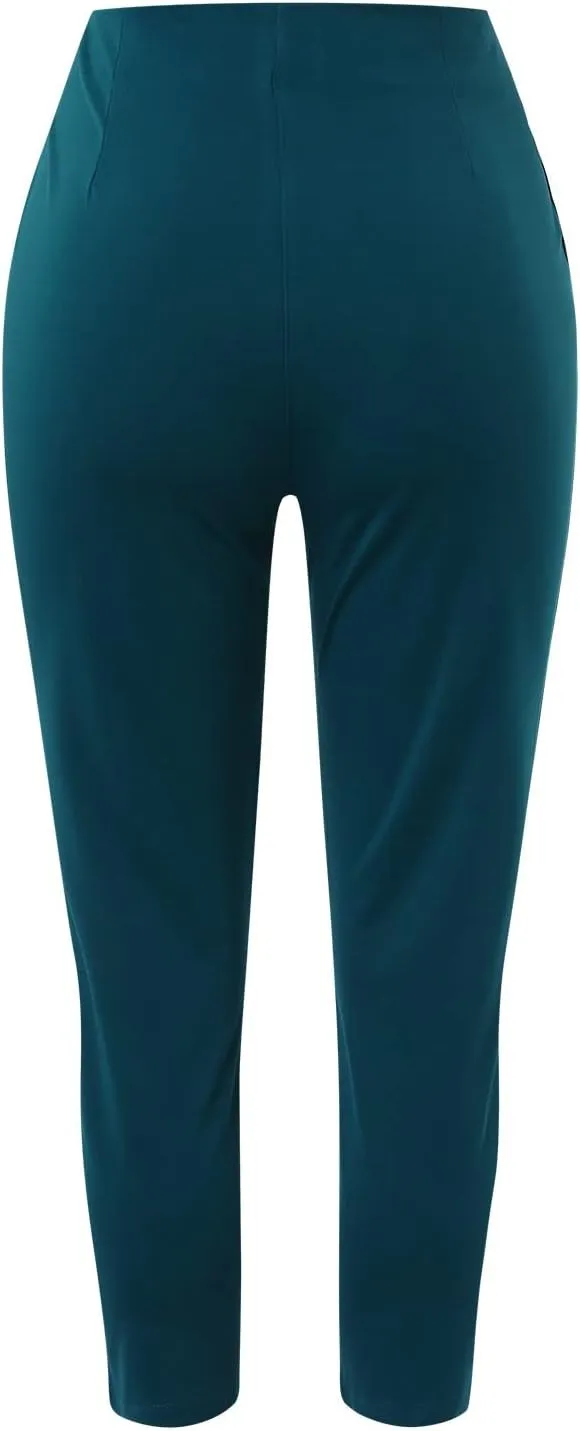 Women High Waist Cropped Work Pants Solid Zipper Trouser Pant Casual Baggy Elastic Waist Trouser Wide Leg Pant with