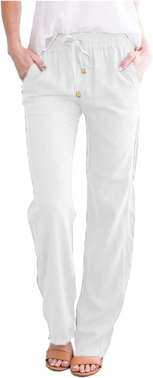 Women High Waisted Wide Leg Pants Casual Drawstring Elastic Trousers Comfy Straight Leg Cotton Jogging Pants for Women