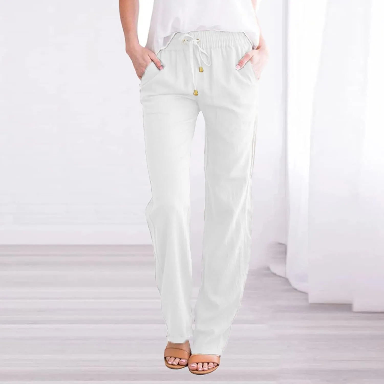 Women High Waisted Wide Leg Pants Casual Drawstring Elastic Trousers Comfy Straight Leg Cotton Jogging Pants for Women