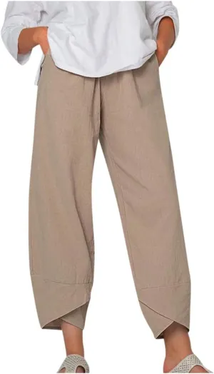 Women Plus Size Cotton Linen Pants Casual Loose Petal Bottom Wide Leg Pant Summer Beach Elastic High Waist Trousers