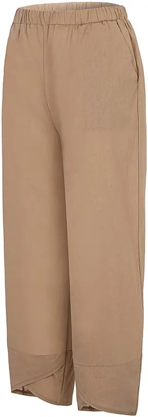 Women Plus Size Cotton Linen Pants Casual Loose Petal Bottom Wide Leg Pant Summer Beach Elastic High Waist Trousers