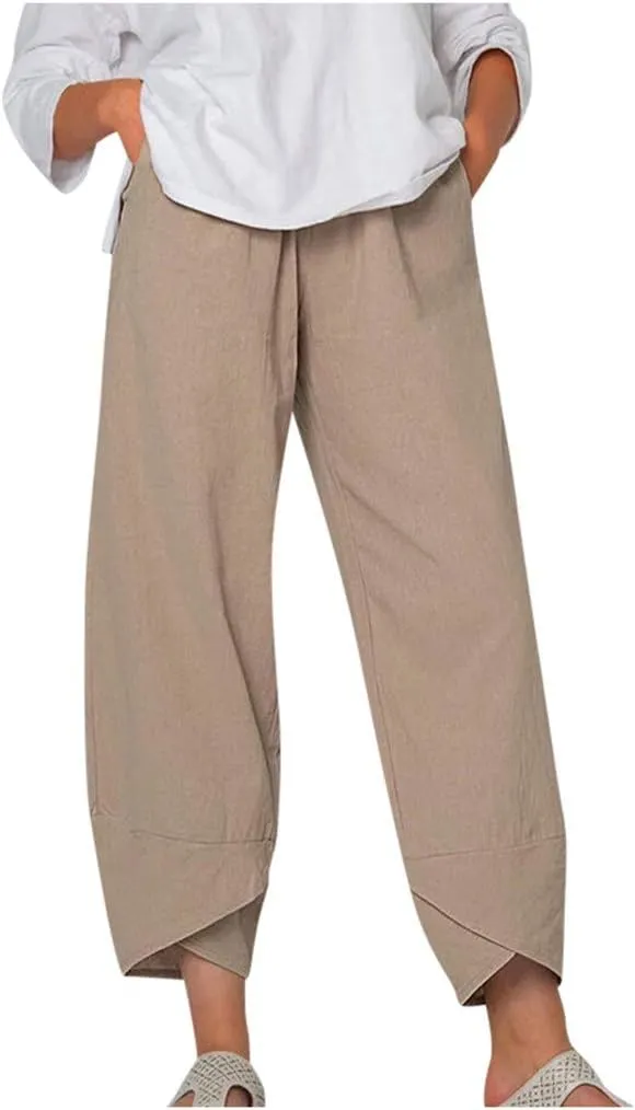 Women Plus Size Cotton Linen Pants Casual Loose Petal Bottom Wide Leg Pant Summer Beach Elastic High Waist Trousers