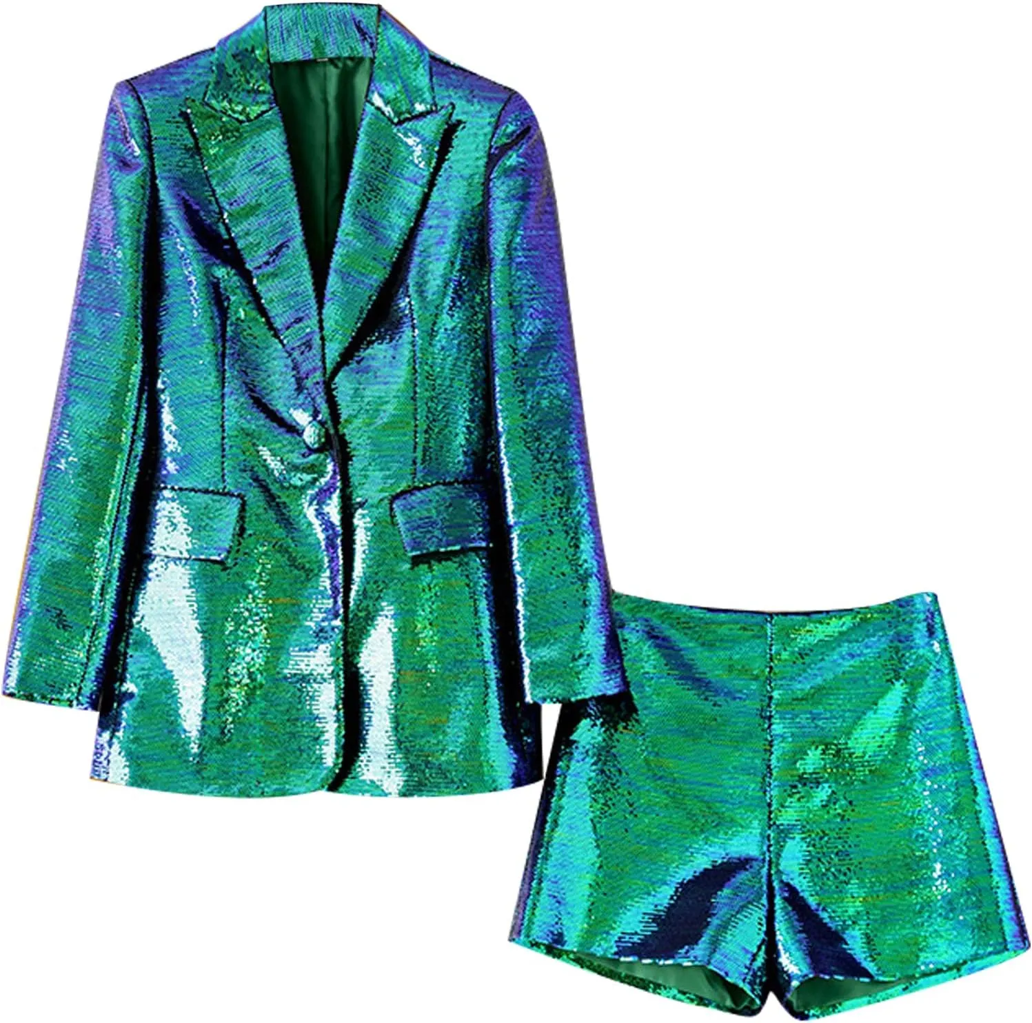 Women Sequin Blazer and Short Set 2 PC Slim Fit Notch Lapel Prom Party Glitter Suit