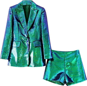 Women Sequin Blazer and Short Set 2 PC Slim Fit Notch Lapel Prom Party Glitter Suit