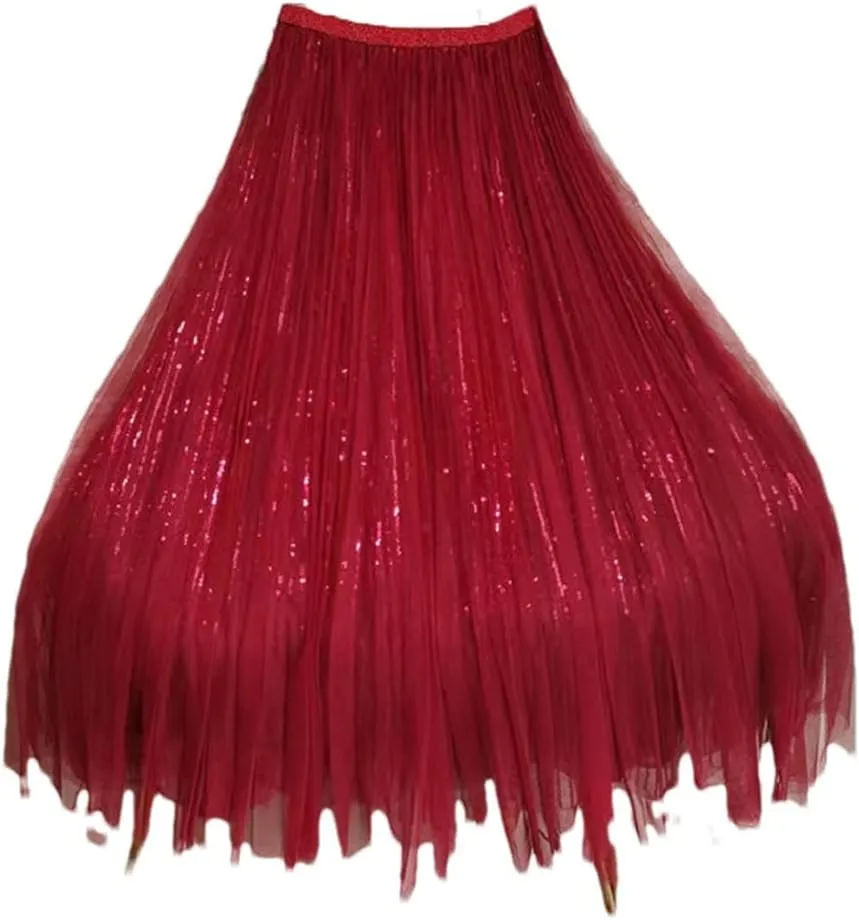 Women Sequined Long Tulle Skirt Women Casual A Line Elastic High Waist Midi Mesh Skirt