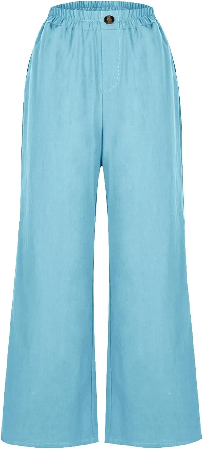 Women Solid Cotton Linen Cropped Pant, Lightweight Comfy Summer Going Out Vacation Clothes Elastic Waist Pockets Trousers
