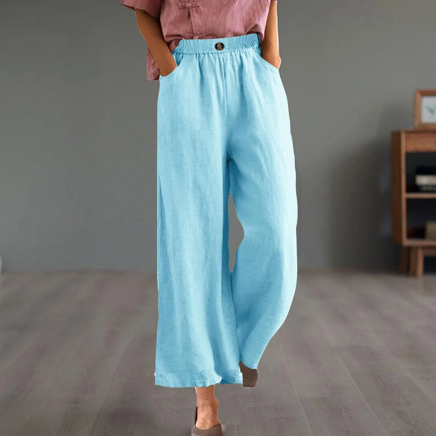 Women Solid Cotton Linen Cropped Pant, Lightweight Comfy Summer Going Out Vacation Clothes Elastic Waist Pockets Trousers