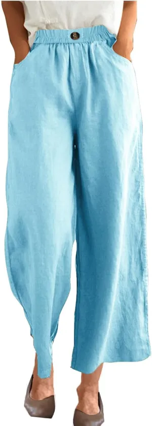 Women Solid Cotton Linen Cropped Pant, Lightweight Comfy Summer Going Out Vacation Clothes Elastic Waist Pockets Trousers