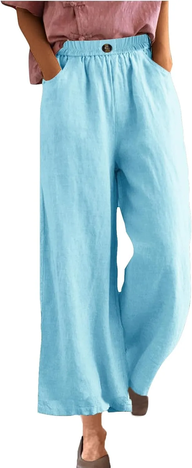 Women Solid Cotton Linen Cropped Pant, Lightweight Comfy Summer Going Out Vacation Clothes Elastic Waist Pockets Trousers