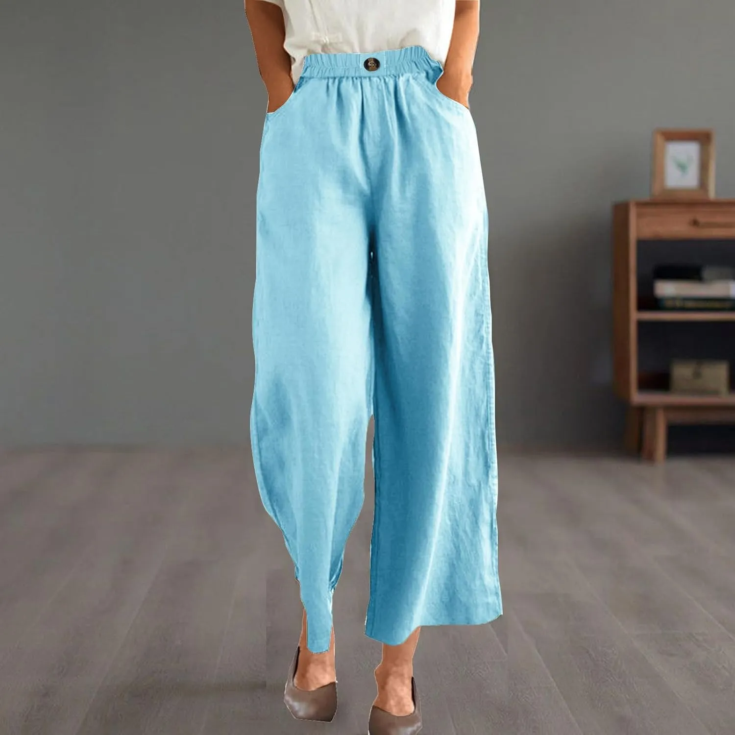 Women Solid Cotton Linen Cropped Pant, Lightweight Comfy Summer Going Out Vacation Clothes Elastic Waist Pockets Trousers