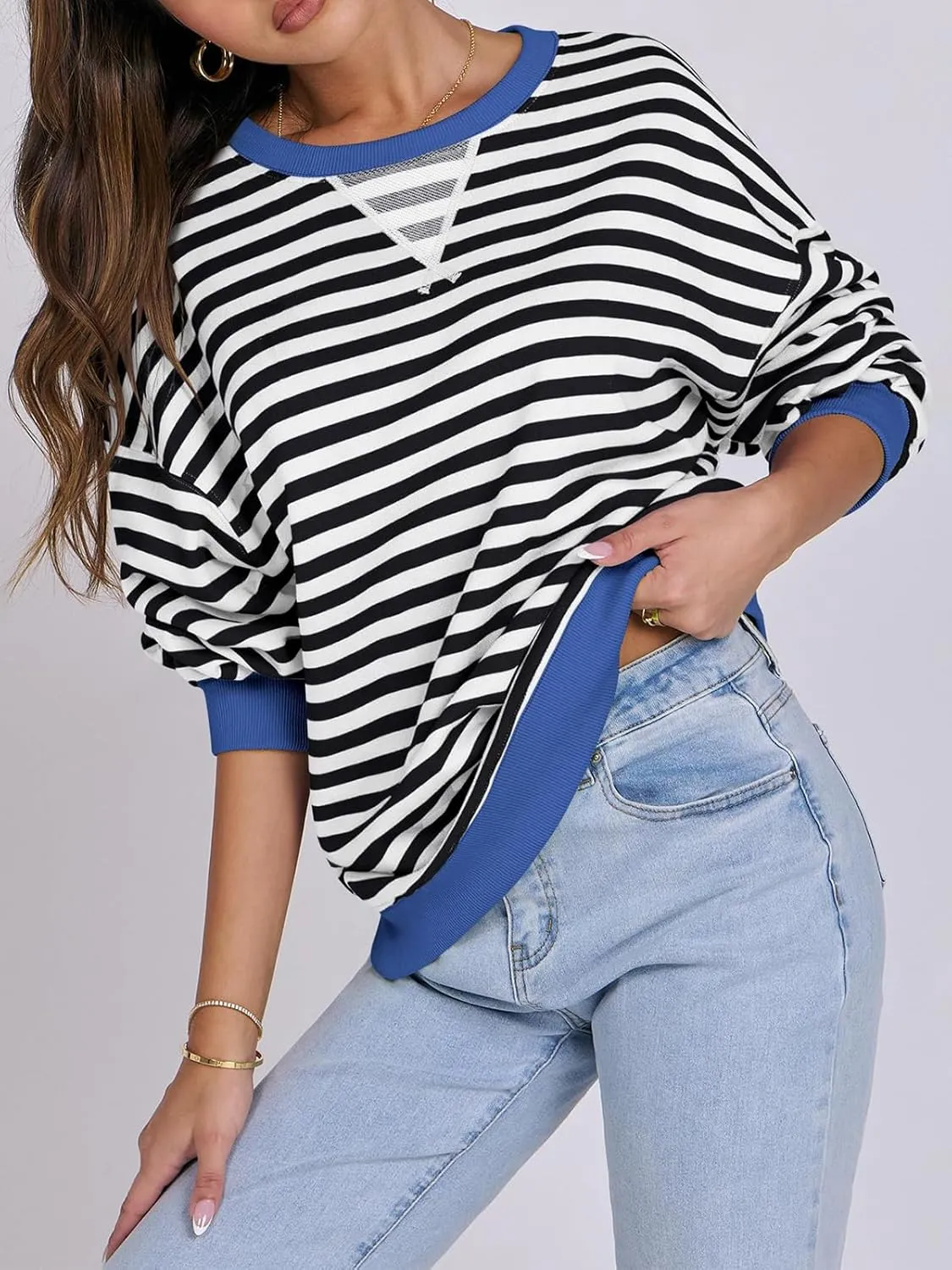 Women Striped Oversized Sweatshirt Long Sleeve Crewneck Hoodies Shirts 2024 Fall Pullover Top Trendy Preppy Clothes