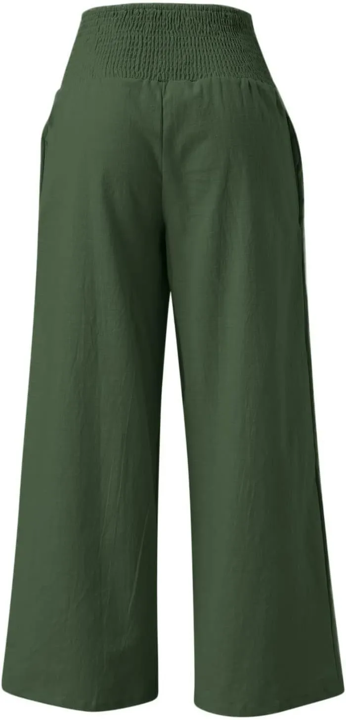 Women Summer Beach Wide Leg Pants Cotton Linen Casual Loose Baggy Boho Pant Elastic High Waist Trousers with Pocket