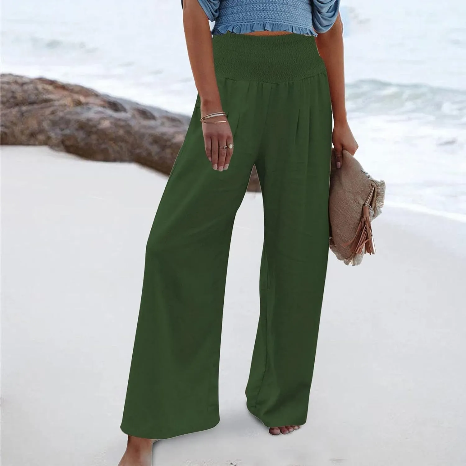 Women Summer Beach Wide Leg Pants Cotton Linen Casual Loose Baggy Boho Pant Elastic High Waist Trousers with Pocket