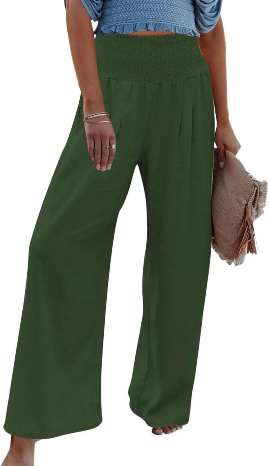 Women Summer Beach Wide Leg Pants Cotton Linen Casual Loose Baggy Boho Pant Elastic High Waist Trousers with Pocket