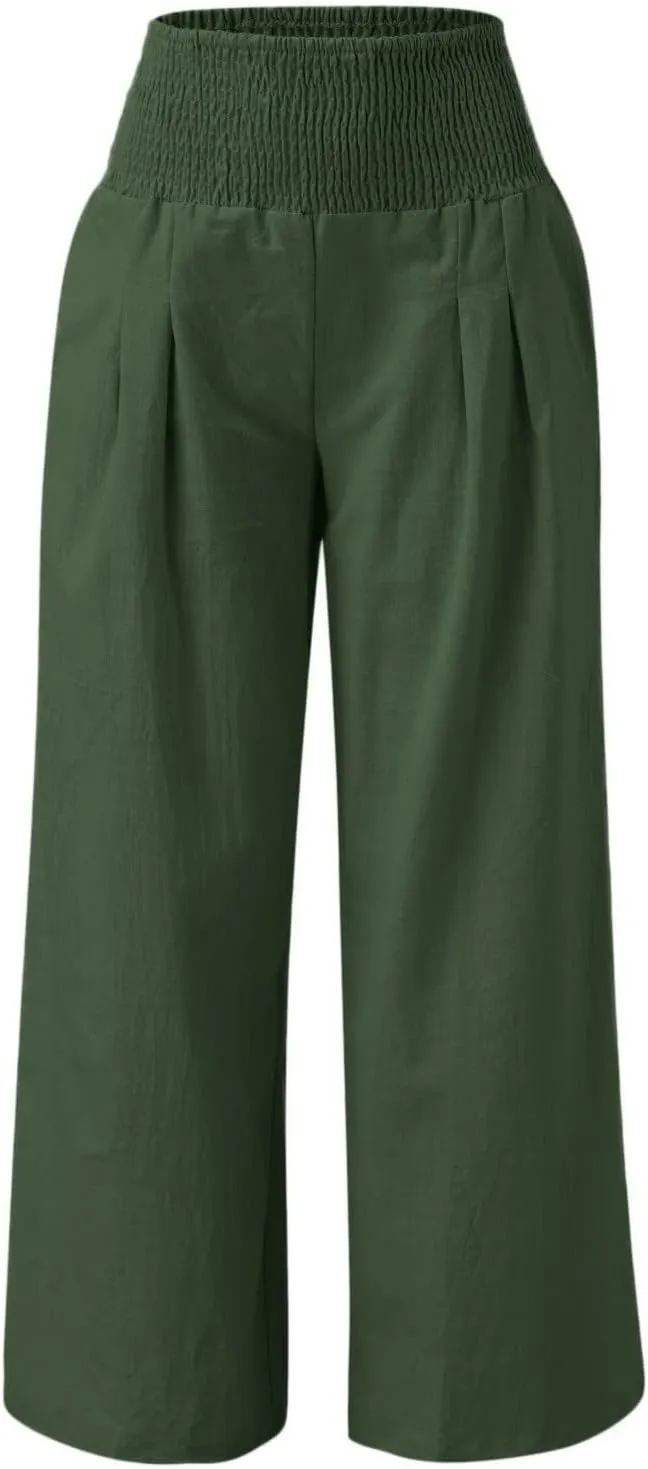 Women Summer Beach Wide Leg Pants Cotton Linen Casual Loose Baggy Boho Pant Elastic High Waist Trousers with Pocket