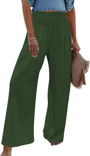 Women Summer Beach Wide Leg Pants Cotton Linen Casual Loose Baggy Boho Pant Elastic High Waist Trousers with Pocket
