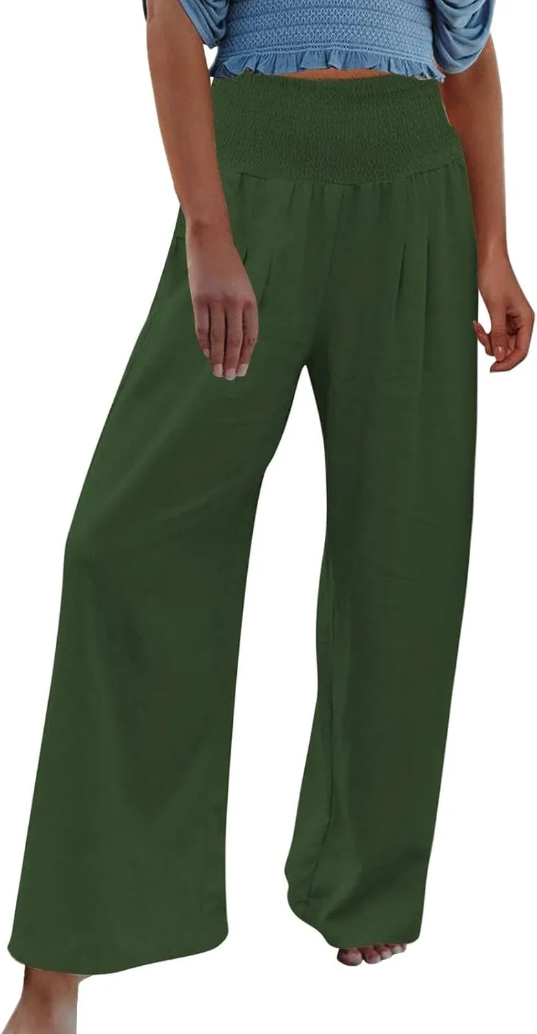 Women Summer Beach Wide Leg Pants Cotton Linen Casual Loose Baggy Boho Pant Elastic High Waist Trousers with Pocket