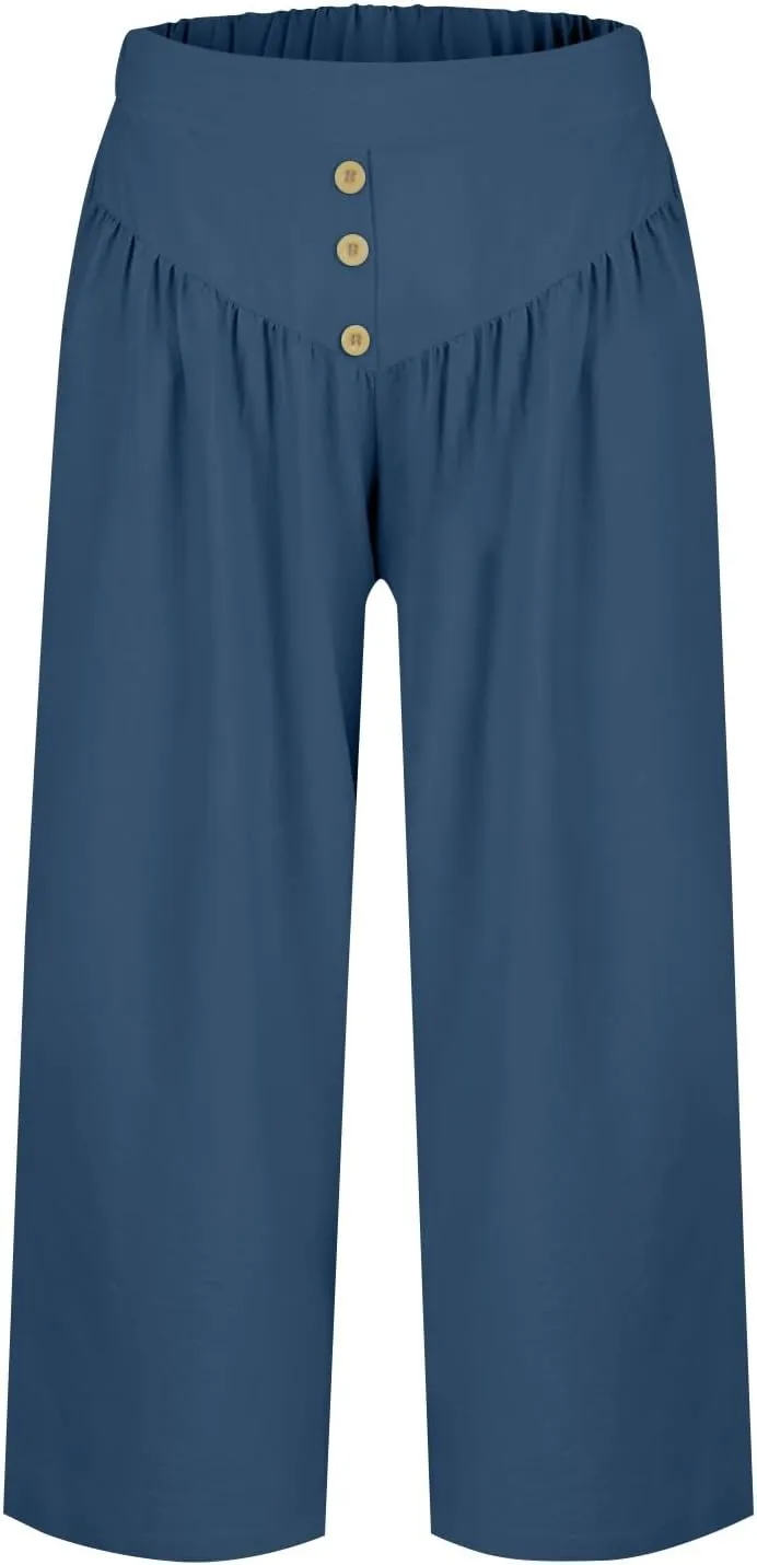 Women Summer High Waisted Cotton Linen Palazzo Pants Casual Wide Leg Long Flowy Dressy Beach Lounge Trousers