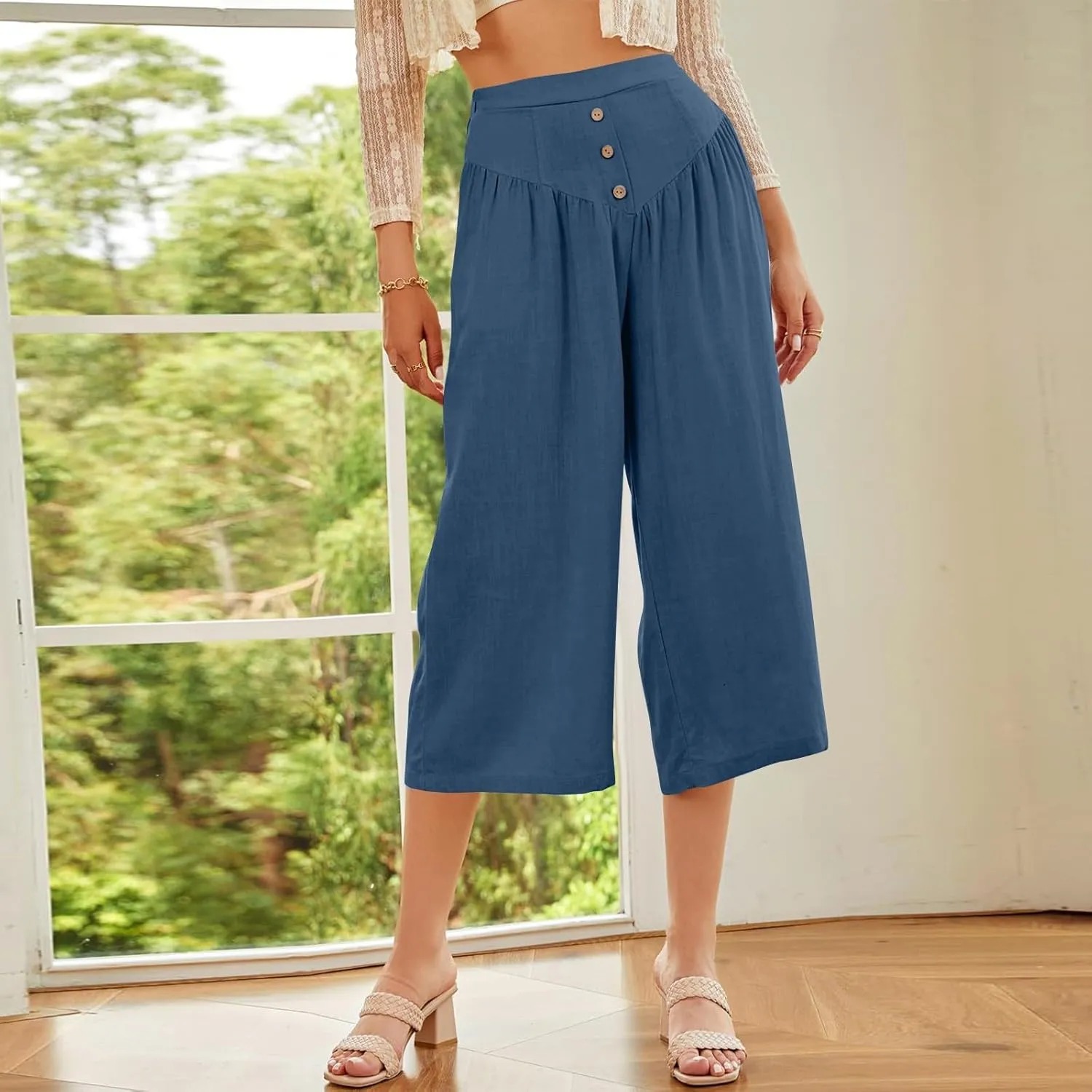 Women Summer High Waisted Cotton Linen Palazzo Pants Casual Wide Leg Long Flowy Dressy Beach Lounge Trousers