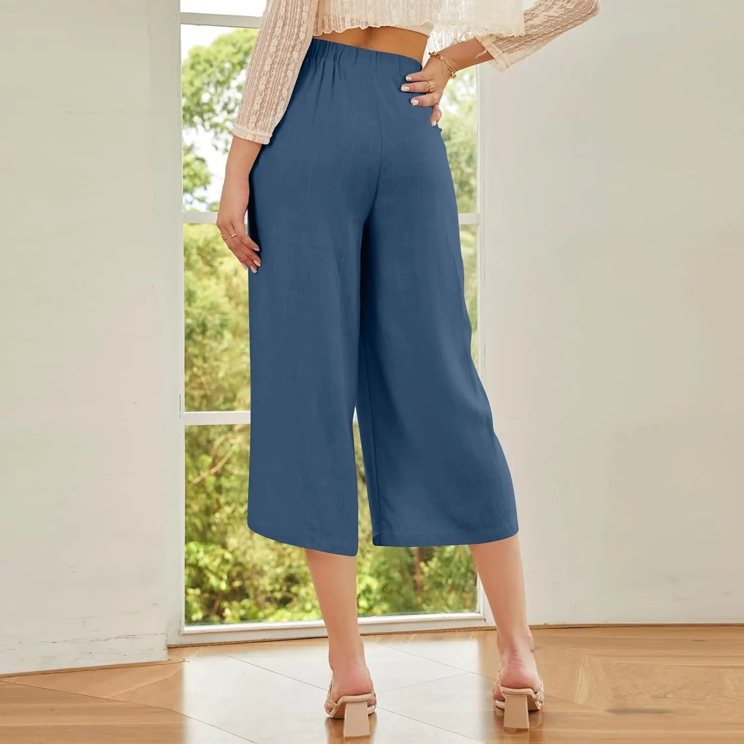 Women Summer High Waisted Cotton Linen Palazzo Pants Casual Wide Leg Long Flowy Dressy Beach Lounge Trousers