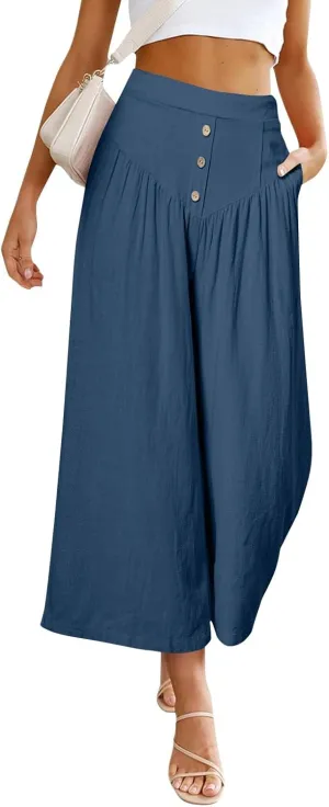 Women Summer High Waisted Cotton Linen Palazzo Pants Casual Wide Leg Long Flowy Dressy Beach Lounge Trousers