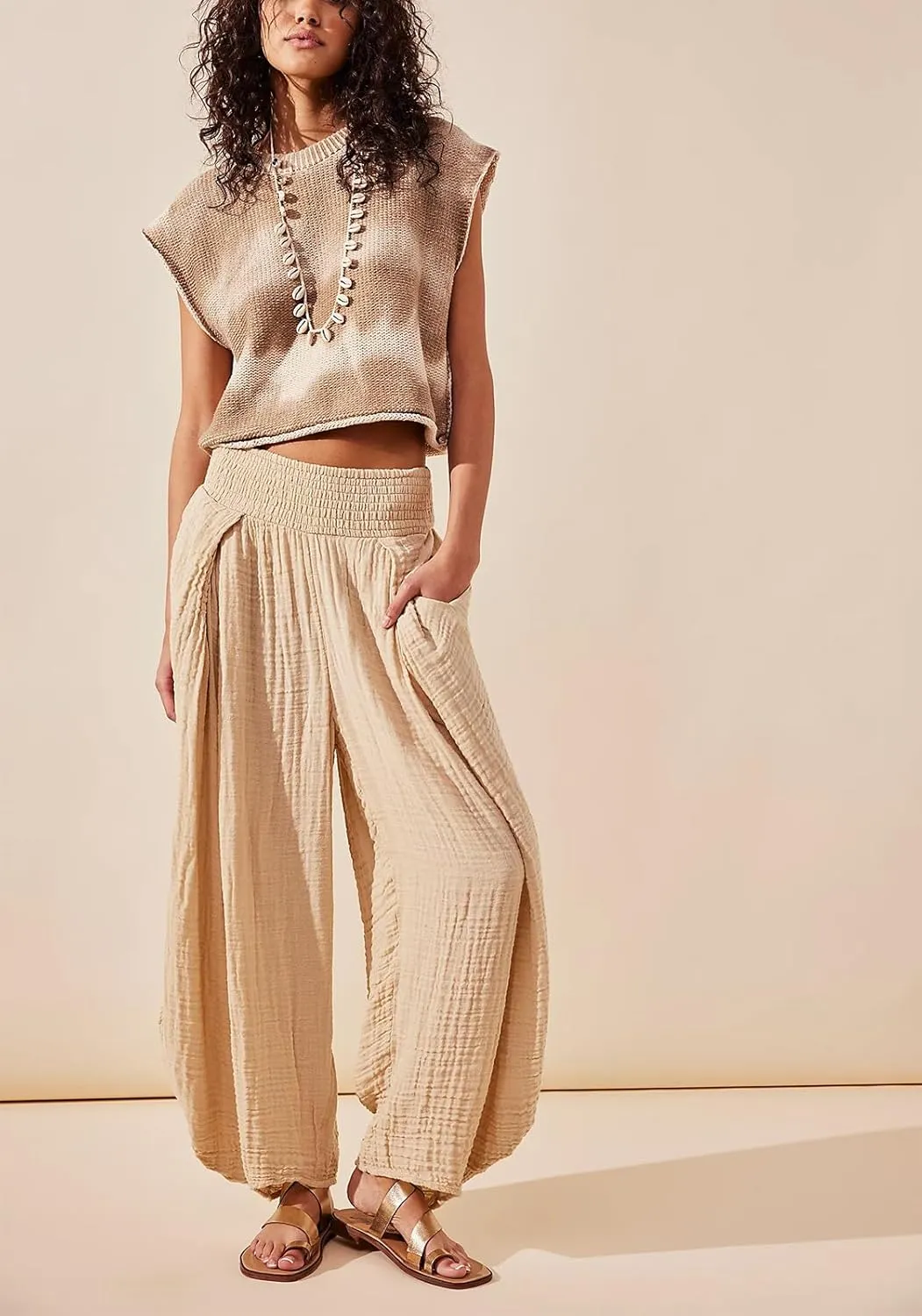 Women Summer Linen Pants Flowy Wide Leg Pants Y2k Boho High Waist Palazzo Pants Lounge Trousers with Pockets