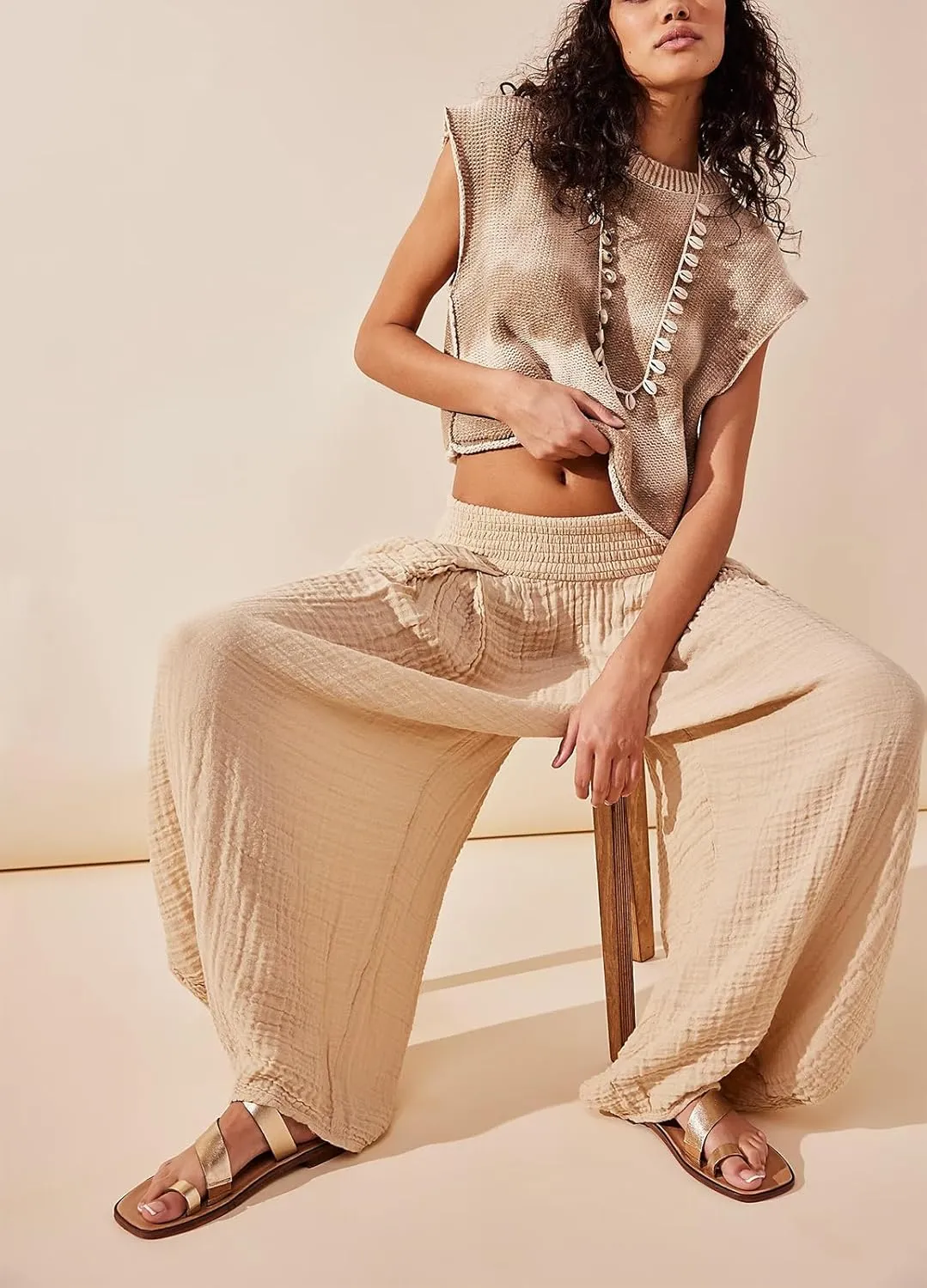 Women Summer Linen Pants Flowy Wide Leg Pants Y2k Boho High Waist Palazzo Pants Lounge Trousers with Pockets