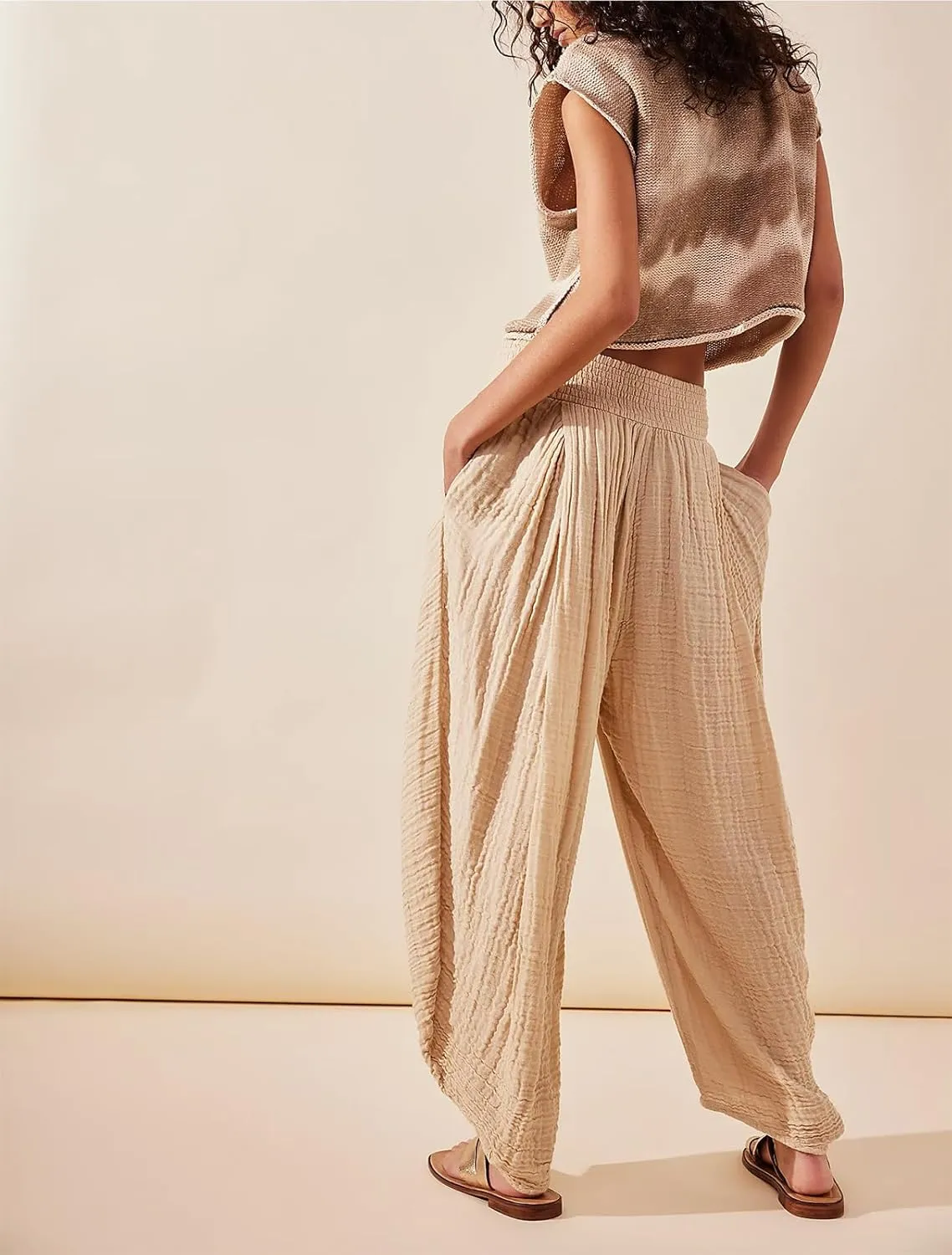 Women Summer Linen Pants Flowy Wide Leg Pants Y2k Boho High Waist Palazzo Pants Lounge Trousers with Pockets